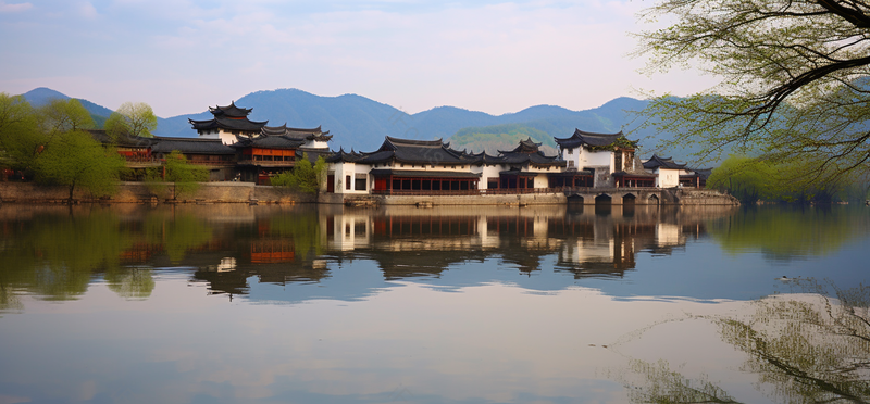 水边建筑老式建筑柳树倒影摄影真实,高清,摄影图,摄影图片,图片大全,摄影图免费下载